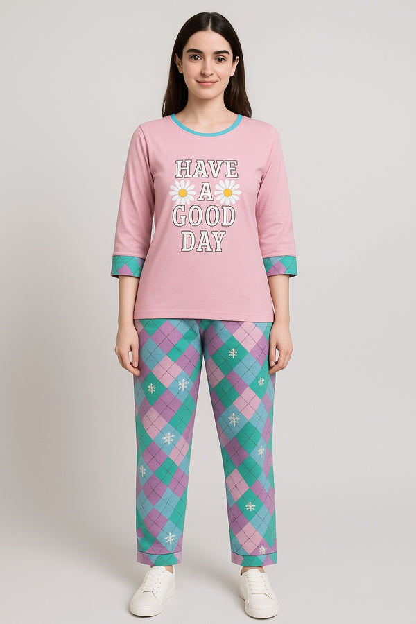 Women's T-Shirt and printed  trouser light pink (have a good day )