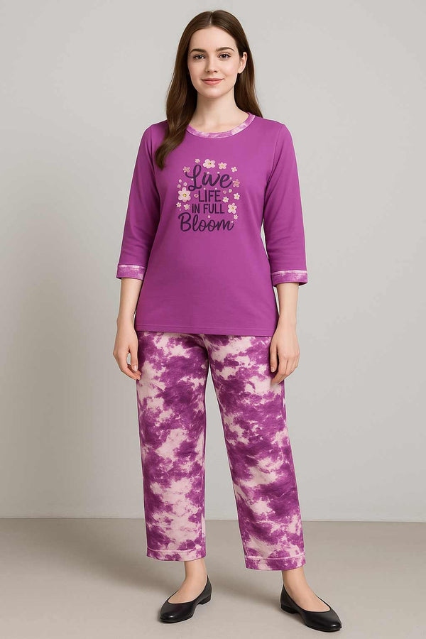 Women's T-Shirt and printed  trouser Tie Dye Purple  ( Live life full in bloom )