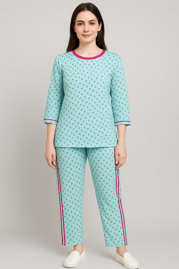 Women's T-Shirt and printed  Three Stripe Trouser  ( Powder  Light Blue Short Flower )