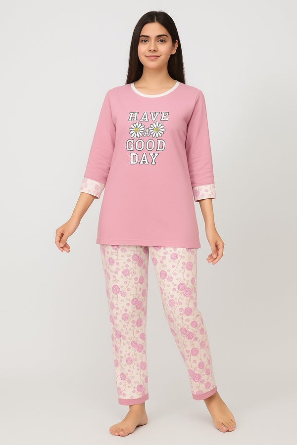 Women's Long T-Shirt Light Pink & Printed Trouser (  HAVE A GOOD DAY )