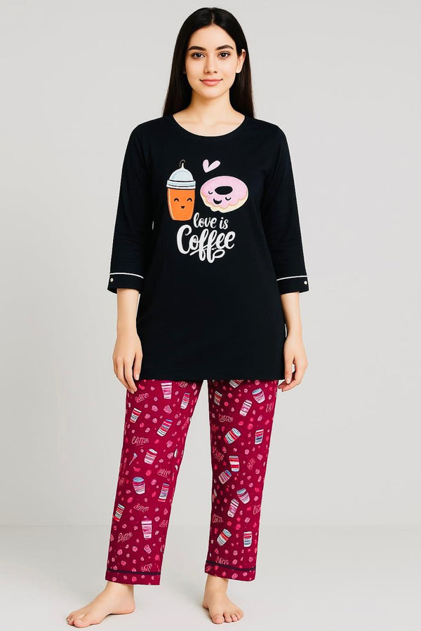 Women's Long T-Shirt Black  & Printed Trouser (LOVE IS COFFE )