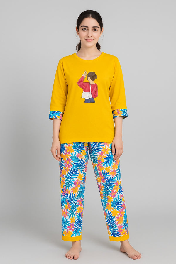 Women's Long Yellow  T-Shirt and  Multi printed  trouser ( Red Jeans )