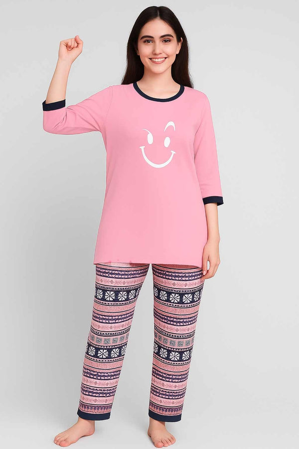 Women's Long T-Shirt Light Pink & Printed Trouser ( WHITE CMILE  )