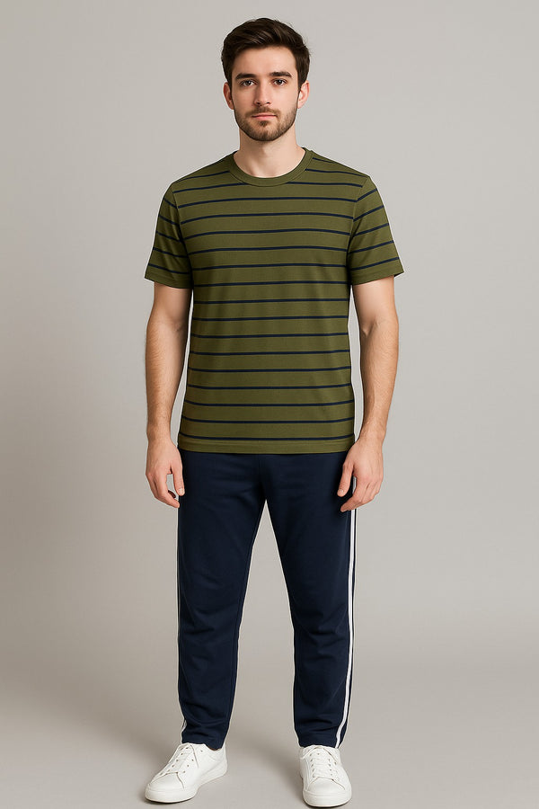Men Olive Green  T Shirt  & Navy  Side Stripe Trouser