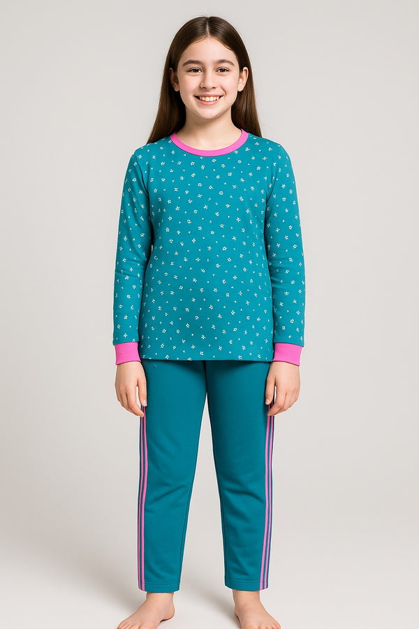 Girls Full Sleeve Shirt And Side Srtipe Trouser (Teal Short Flower )