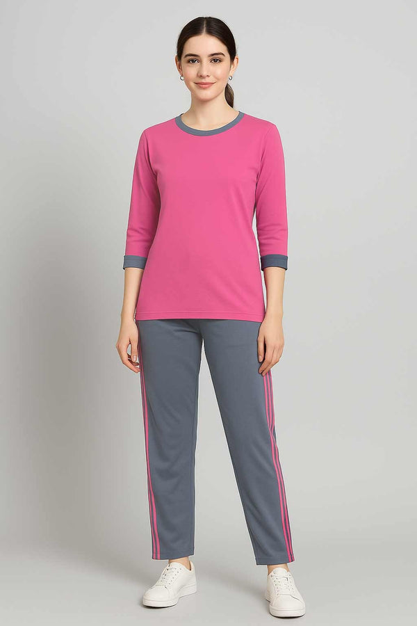Women's Pink Three quater  T-Shirt & Grey Stripe Trouser