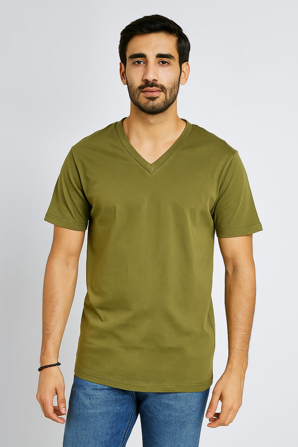 Men’s Essential V Neck (Short Sleeves) (Olive Green )