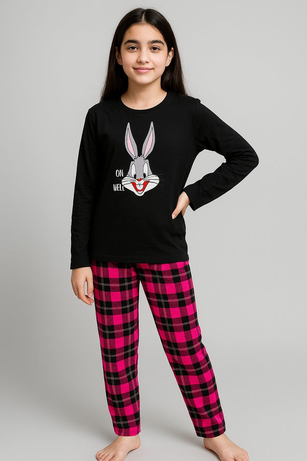 Kids Bunny Nightwear Set - Black Top & Pink Check Trouser