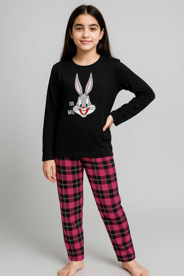 Kids Bunny Nightwear Set - Black Top & Pink Check Trouser