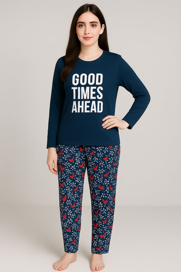Women’s Nightwear Pajama Set – Slogan Top & Printed Bottom (Good Time A Head)
