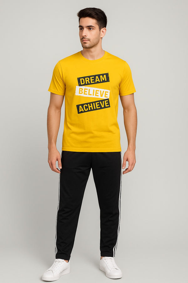 Men’s Jersey Cotton Tracksuit – Motivational Graphic Tee & Side-Stripe Trouser (DREAM • BELIEVE • ACHIEVE”) Yellow