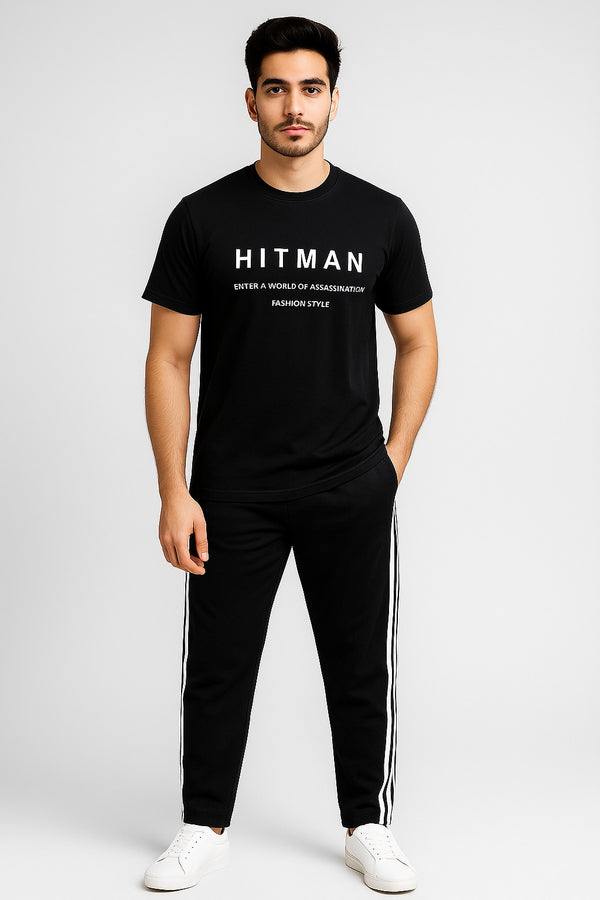 Hinz Men’s Jersey Cotton Tracksuit – Graphic T-Shirt & Side-Stripe Trouser ( Hitman balck )
