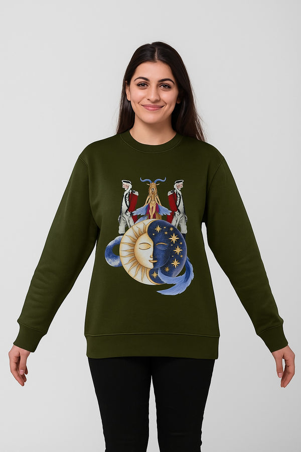 Women’s Olive Green Fleece Sweatshirt  Artistic Sun & Moon Graphic Pullover  Winter Cozy Wear