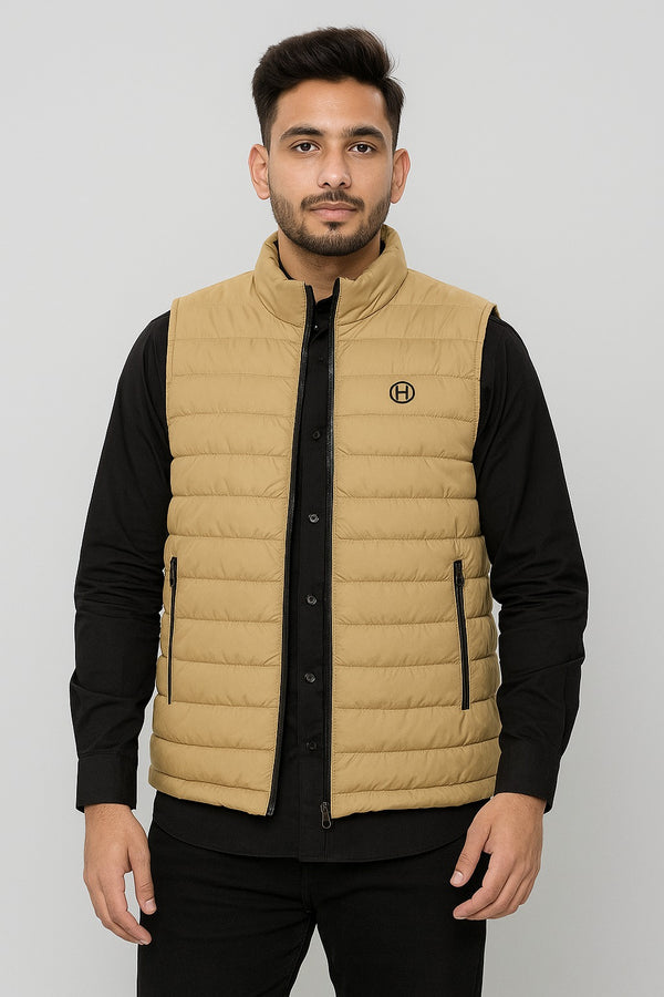 Men’s Beige Quilted Sleeveless Jacket | Lightweight Puffer Vest with Zip Pockets