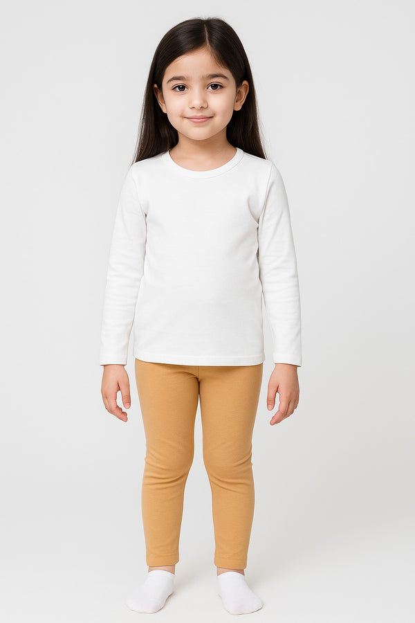 Girls’ Cozy Winter Wear – Interlock Fabric Shirt with Cotton Lycra Legging  (White top and Beige legging)