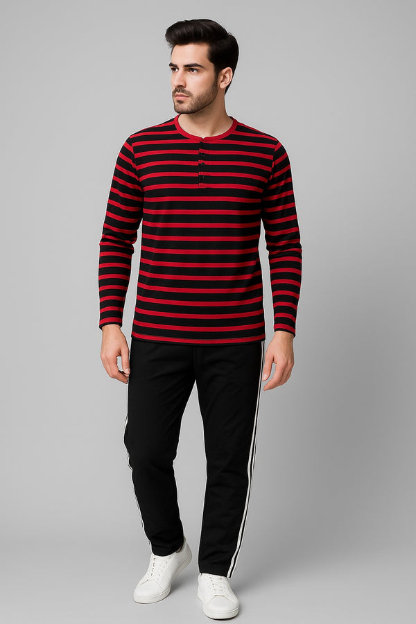 Men’s Full Sleeve Pajama Set – Red & Black Striped Top with Black Bottoms