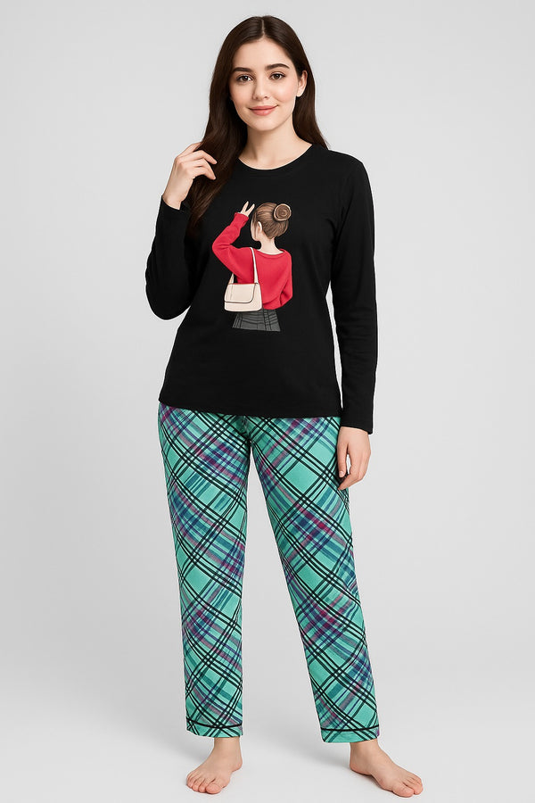 Ladies Black Graphic Top with Plaid Pajama Bottom Set