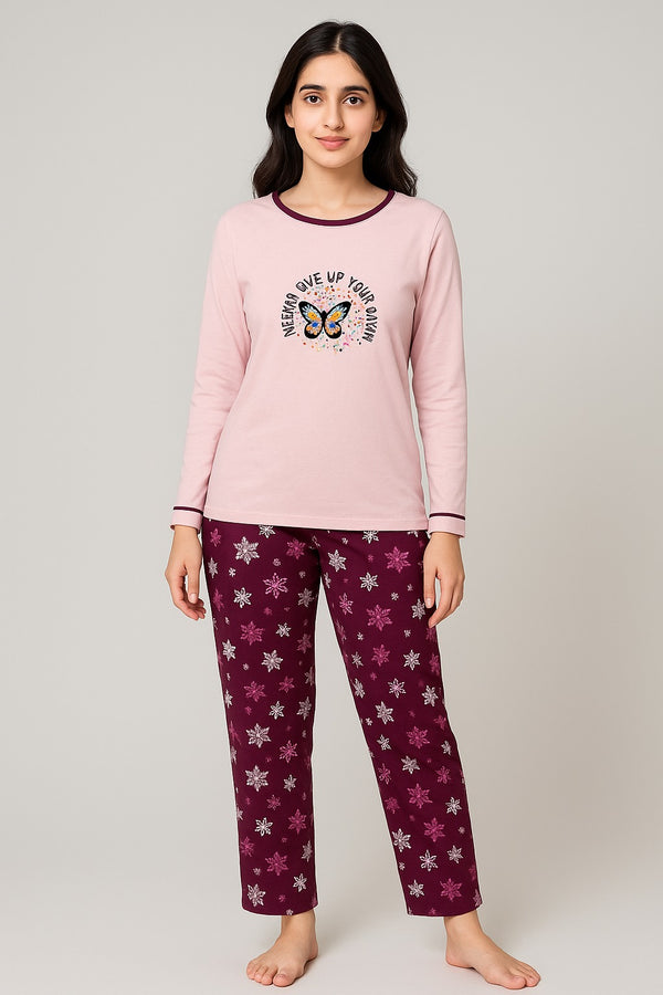 Women’s Winter Nightwear – Butterfly Print Top with Maroon Pajama
