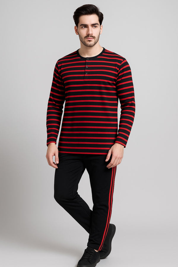 Men’s Henley Stripe Shirt & Trouser Set – Casual  Wear