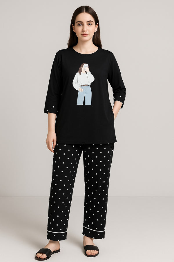 Women’s Nightwear Set – Black Graphic Shirt & Polka Dot Trouser