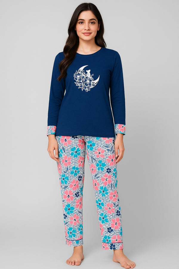 Women’s Sleepwear Set – Blue Top with Floral Bottoms (Moon Doll)