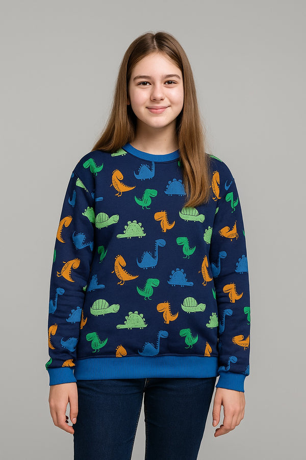 Girls Blue Dinosaur Print Sweatshirt – Soft Cotton Fleece