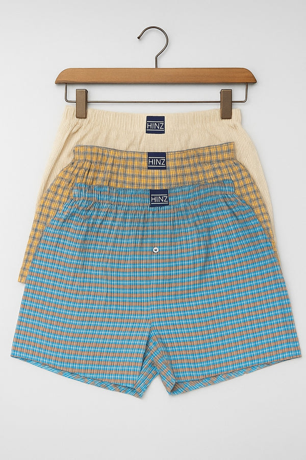 Soft Breathable 100 % Cotton Check Boxers for Men – 3 Piece Pack (Blue and Yellow & beige)