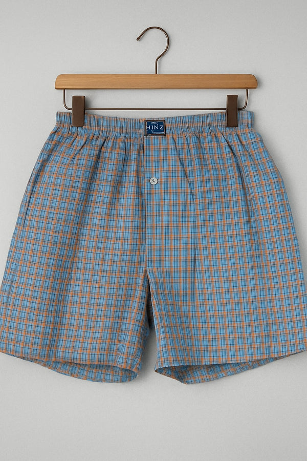 Men's 100% Cotton Check Boxer Shorts – Ultra Soft & Breathable  (Blue and Orange Check)