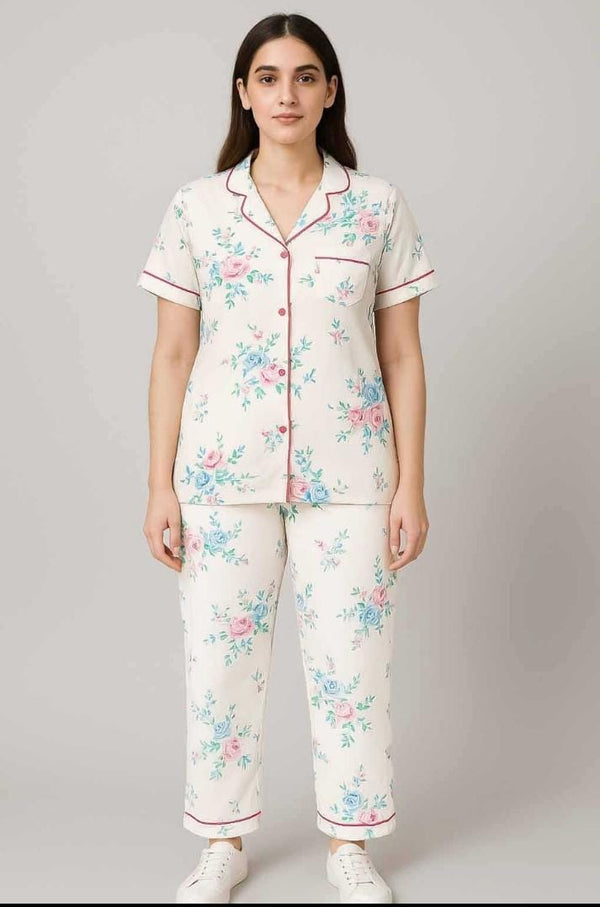 Women Button night suit ( white & print  flower)