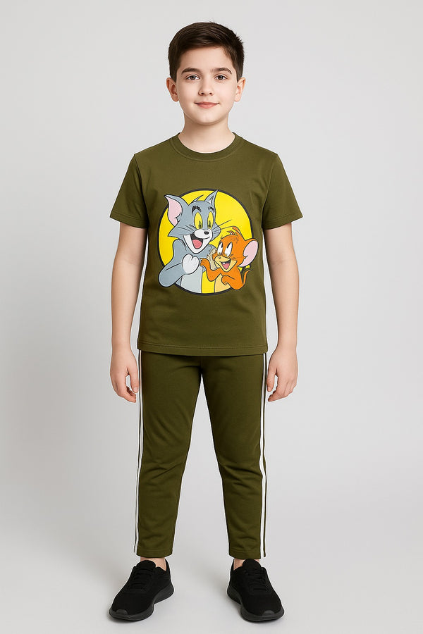 Boys olive green T-shirt & Trouser with white stripe( tom & jerry )