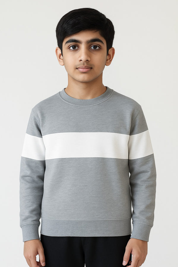 Boys Full Sleeves Block Sweat Shirt (Fleece) (White)