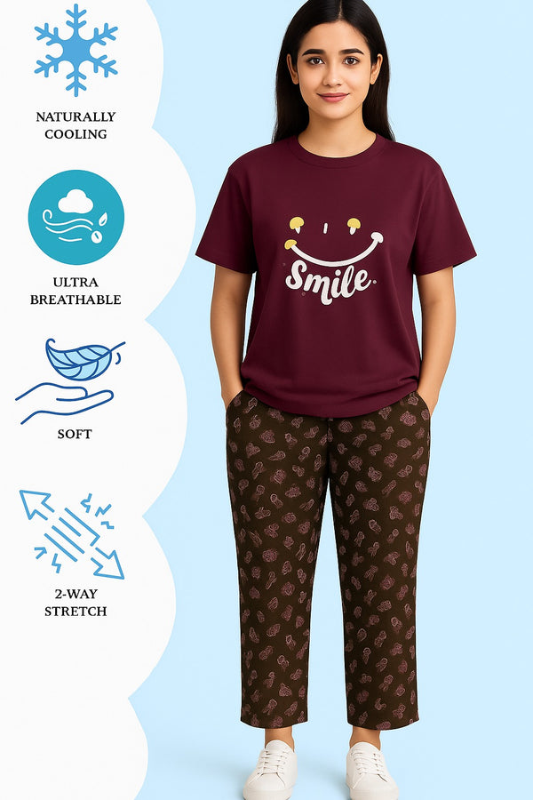 Women's T-Shirt and burgundy printed  trouser SMILE (Stretchable)