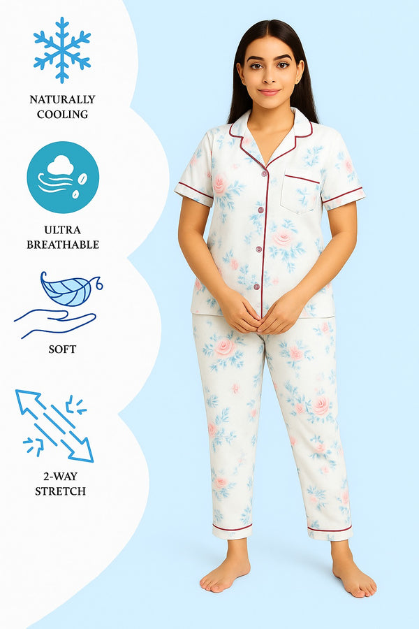 Women Button night suit ( white & print  flower)