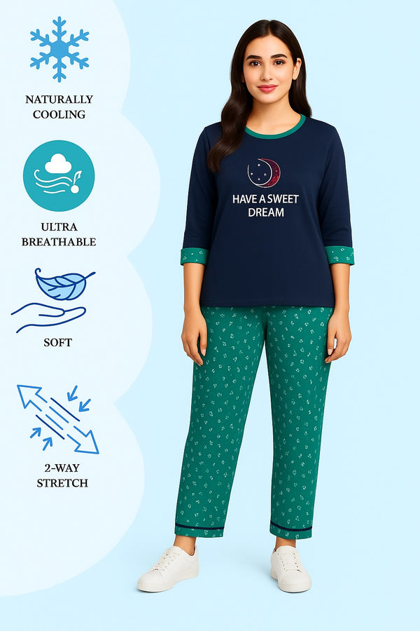 Women's T-Shirt and printed  trouser ( navy shirt & printed trouser ) have a sweet dream