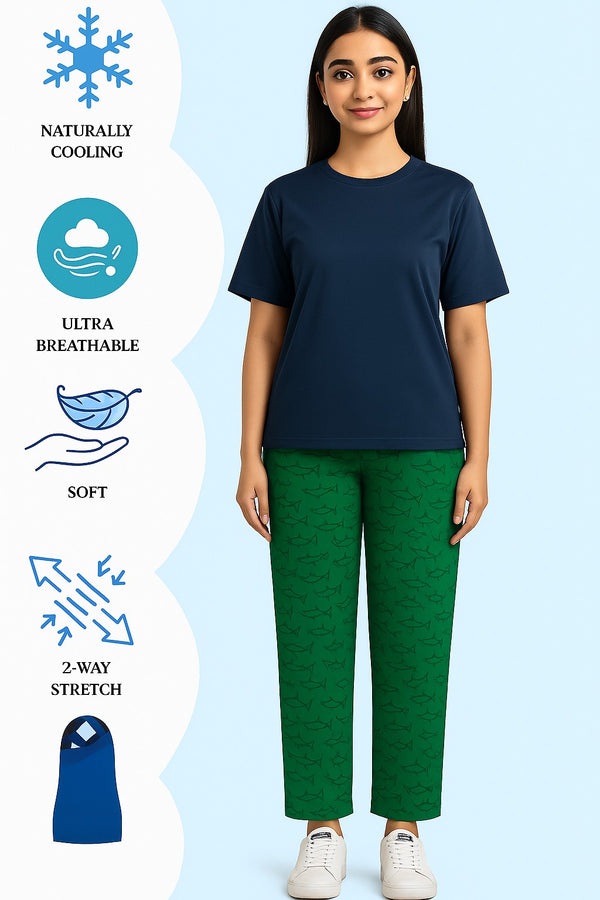 Women's T-Shirt and Green Fish trouser (Stretchable)