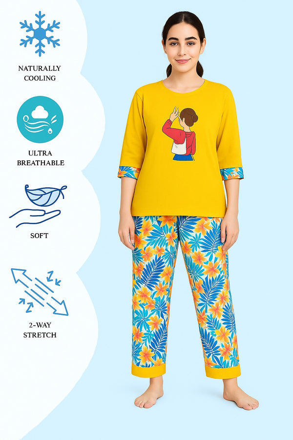 Women's Long Yellow T-Shirt (Red Jeans Graphic) and  Multi printed  trouser