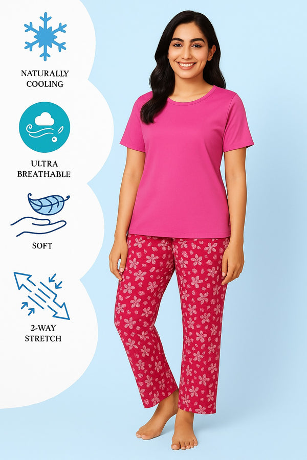 Women's T-Shirt and printed  trouser (Red Flower)