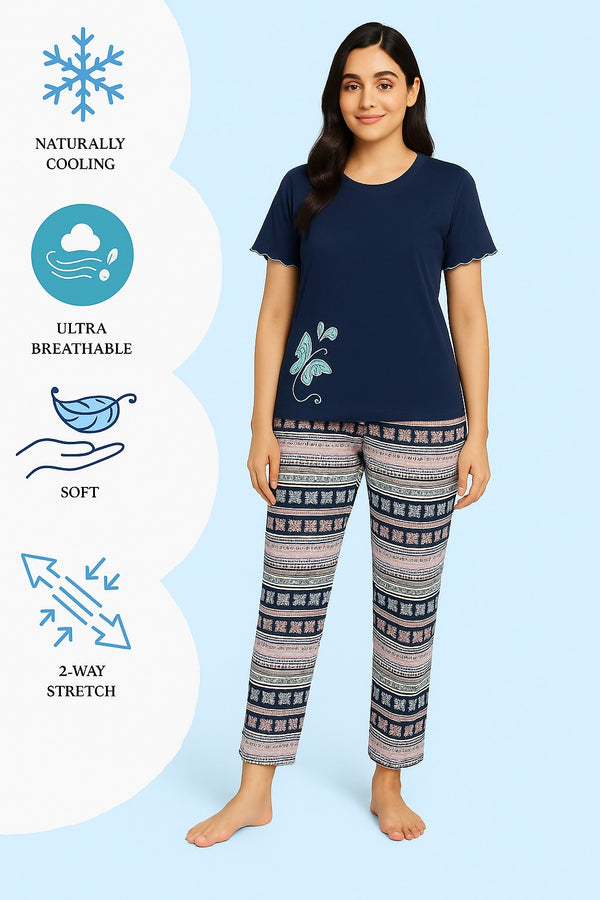 Women T-Shirt and printed  trouser (Navy Butterfly)
