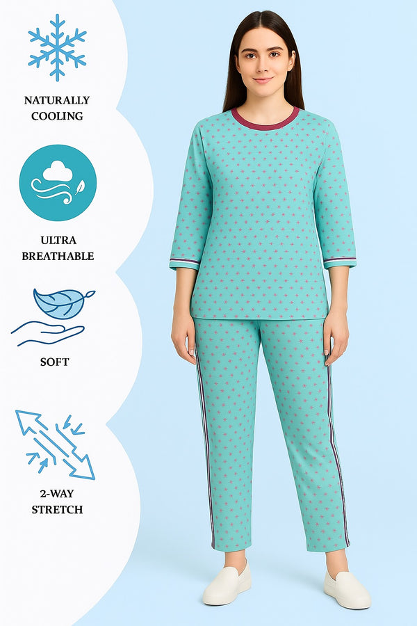 Women's T-Shirt and printed  Three Stripe Trouser  ( Powder  Light Blue Short Flower )