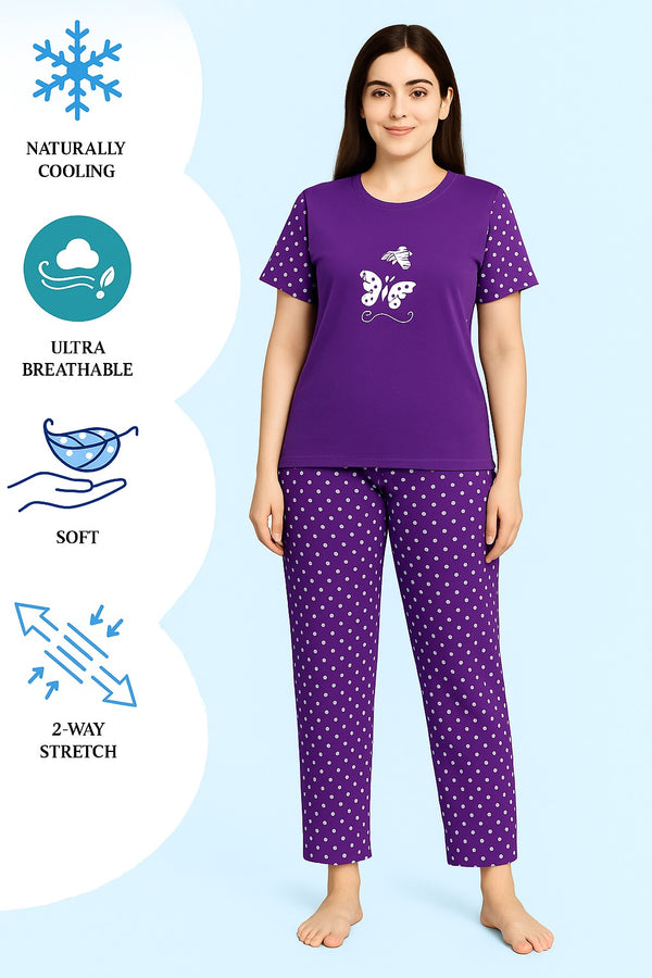 Women’s Purple Polka Dot Night Suit (Butterfly Printed)