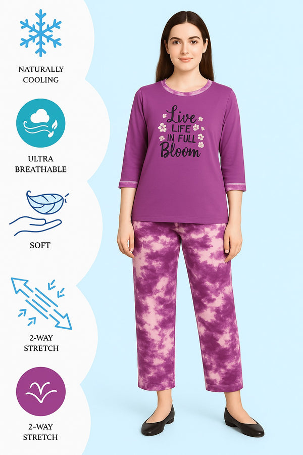 Women's T-Shirt and printed  trouser Tie Dye Purple  ( Live life full in bloom )