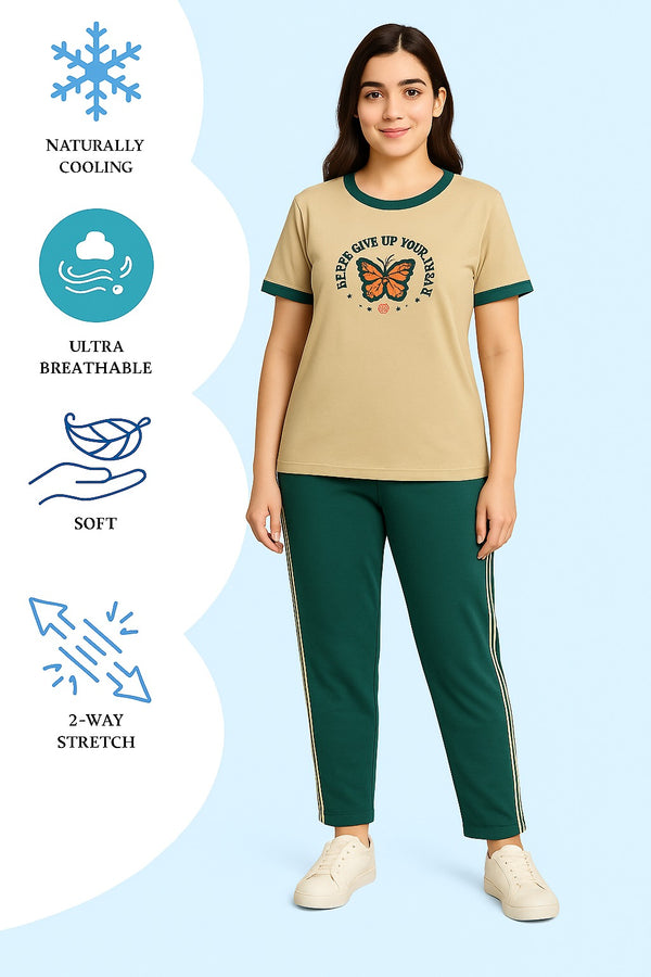 Women T-Shirt and printed trouser (  Teal & beige beautifull print  butterfly)