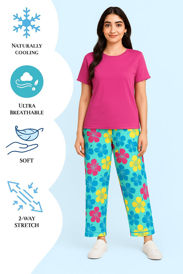 Women's T-Shirt and printed  trouser (Fuchsia Flower)