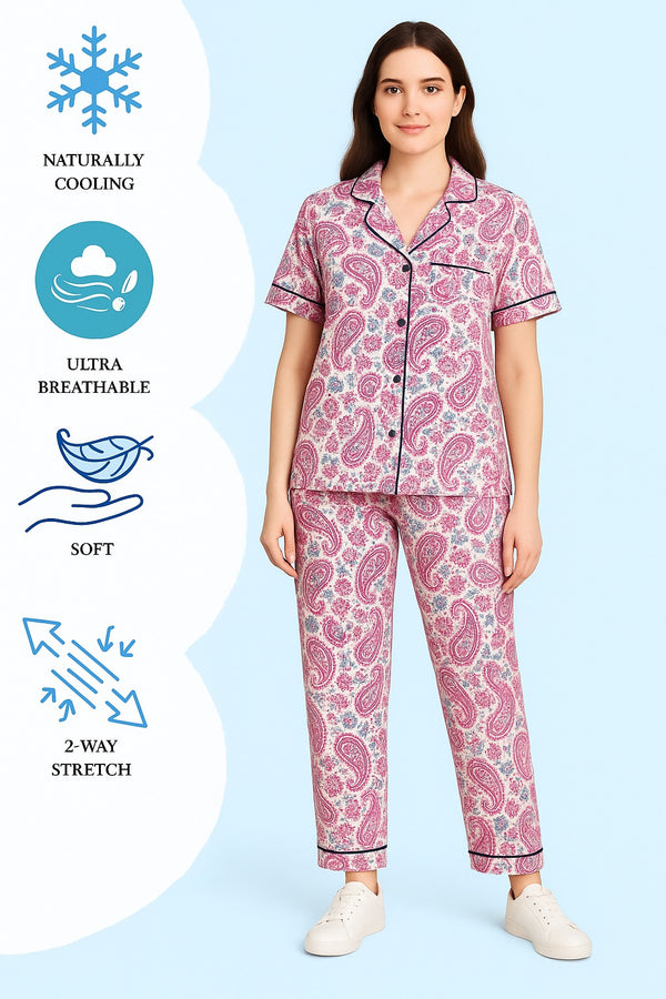 Women Button night suit multi printed