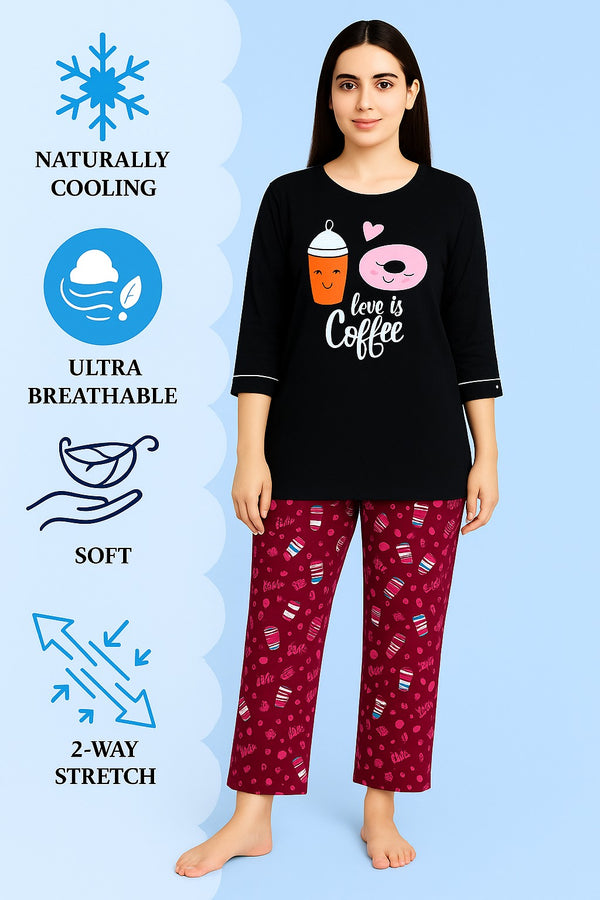 Women's Long T-Shirt Black  & Printed Trouser (LOVE IS COFFE )