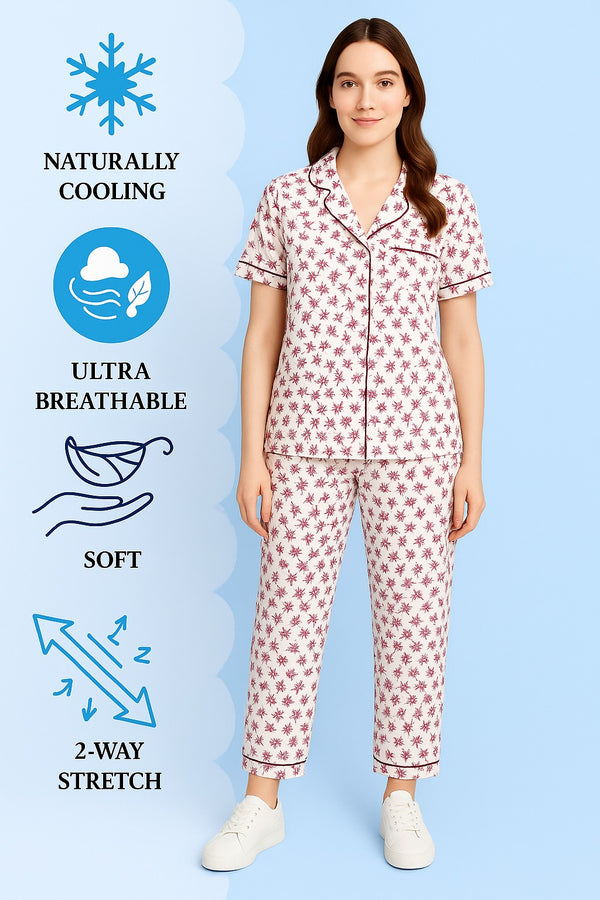 Women Button night suit (off white maroon flower)
