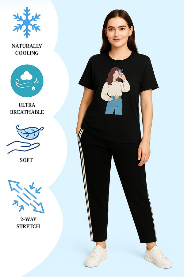 Women T-Shirt and side stripe trouser ( blue jeans girl )
