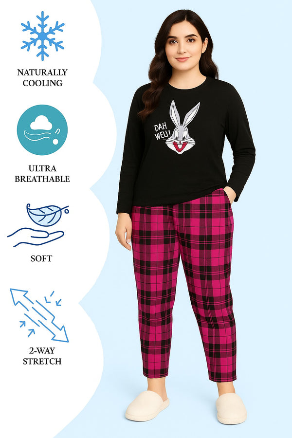 Women’s Bugs Bunny Black Top & Pink Check Pajama Night Suit