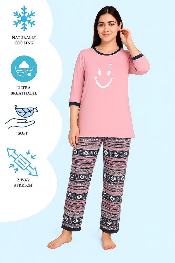 Women's Long T-Shirt Light Pink & Printed Trouser ( WHITE CMILE  )