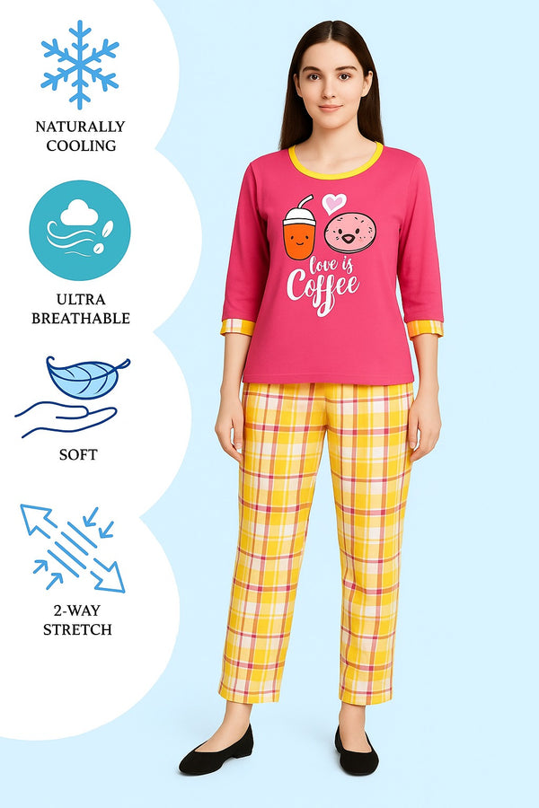 Women T-Shirt and check multi stripe  trouser (  Love is coffee )